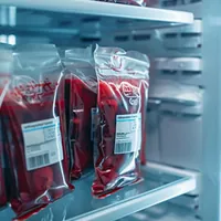 bags of blood inside a laboratory fridge