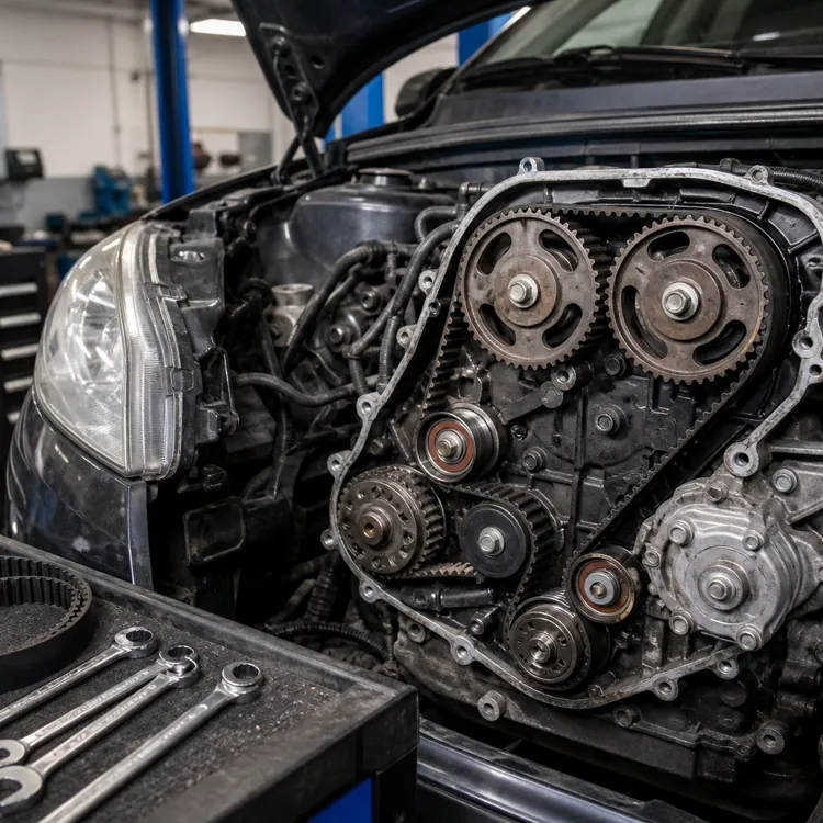 Car engine with exposed timing belt and gears, tools and parts laid out on a workbench nearby