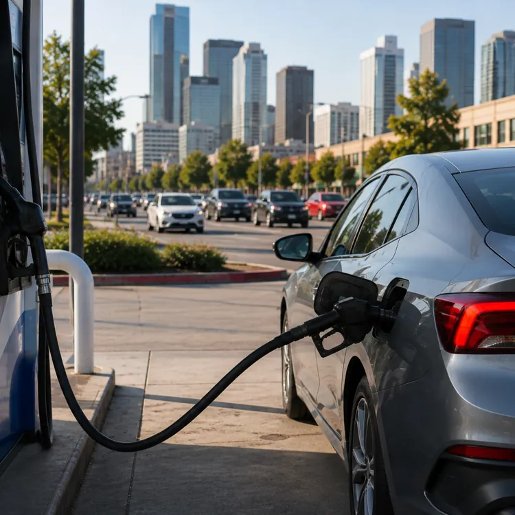 Silver sedan refueling at a gas station with city buildings in the background