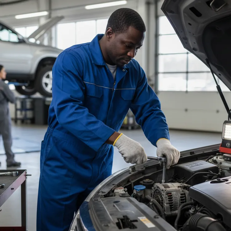 Mechanic in blue uniform working on car engine in a garage with tools and another car in background