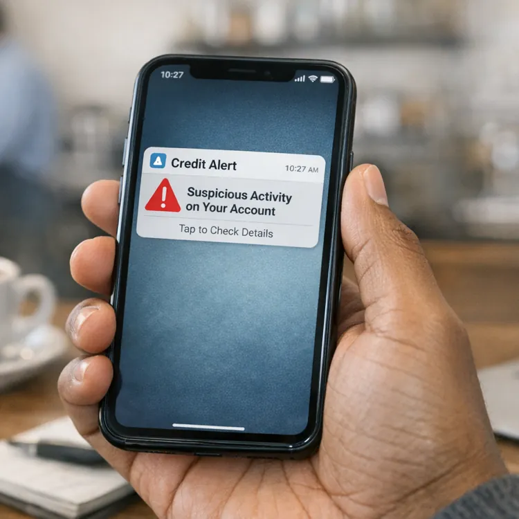 Hand holding a smartphone displaying a credit alert notification about suspicious activity in a cafe setting.