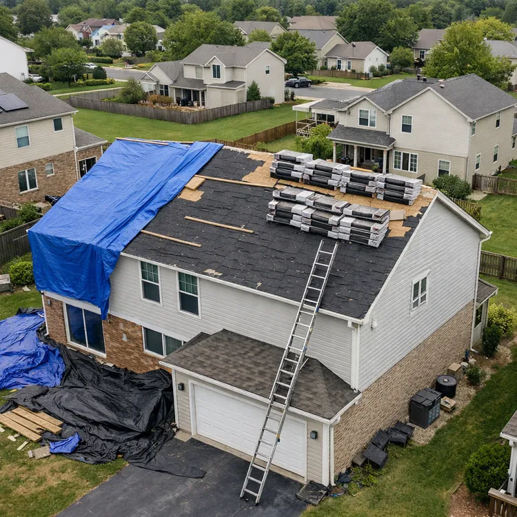 House with partially repaired roof, blue tarps, and roofing materials stacked on top
