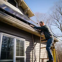 man standing on a ladder while installing solar panels