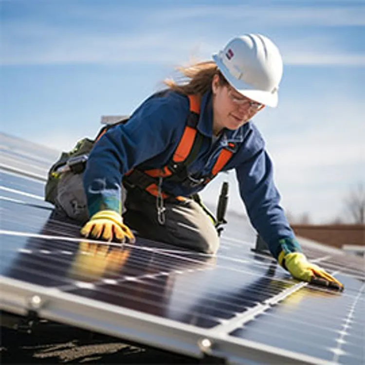 tech checking solar panels on the rooftop of a home