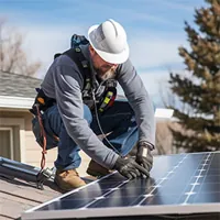 technician checking solar panel on the roof of a house