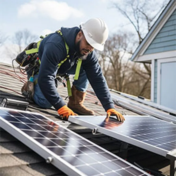 technician adjusting angle of a solar panel on the rooftop of a home