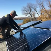 tech fixing solar panels on the roof of a house in Missouri