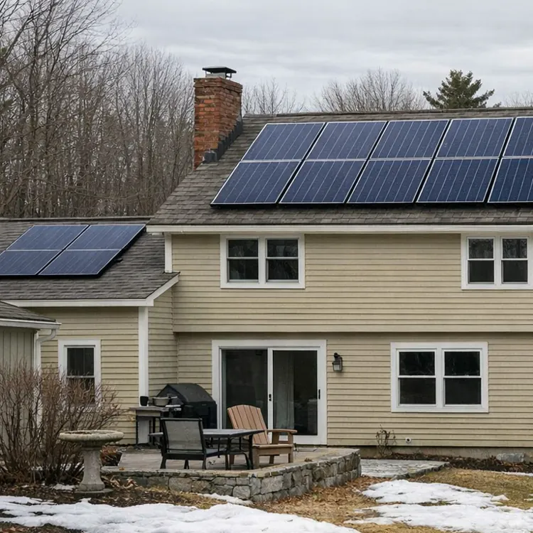 House with solar panels on roof and patches of snow in the yard