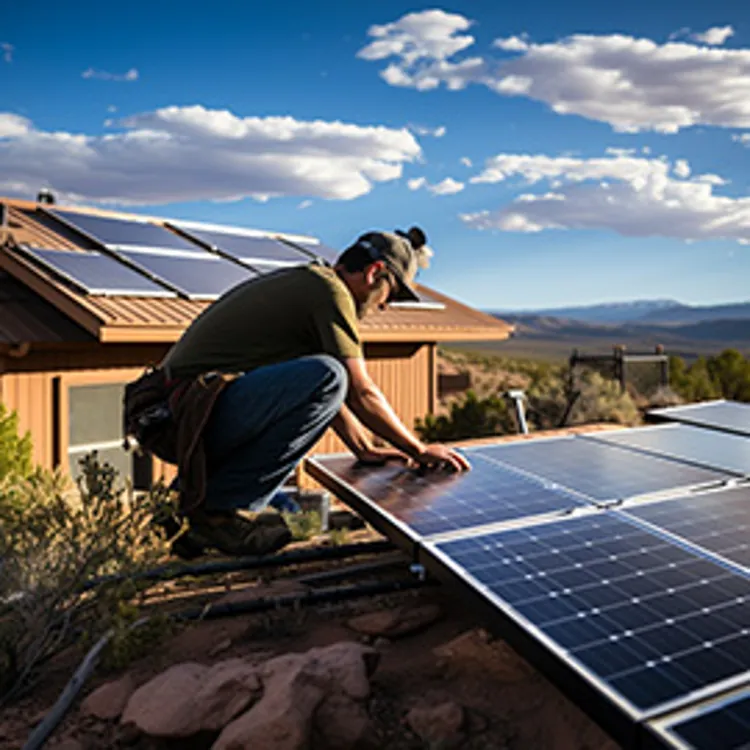 man installing a solar panel on roof