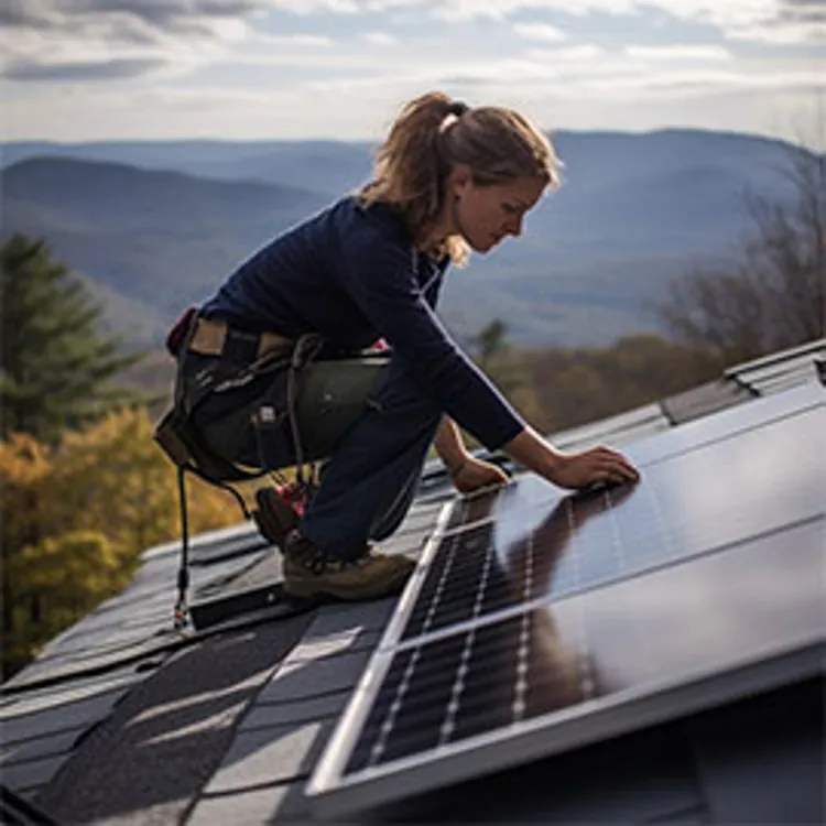 Lady tech checking solar panel on  roof of North Carolina home