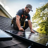 tech fixing solar panel onto roof of a home