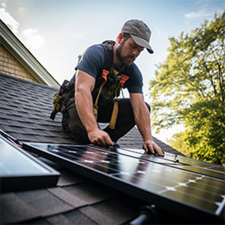 tech fixing solar panel onto roof of a home