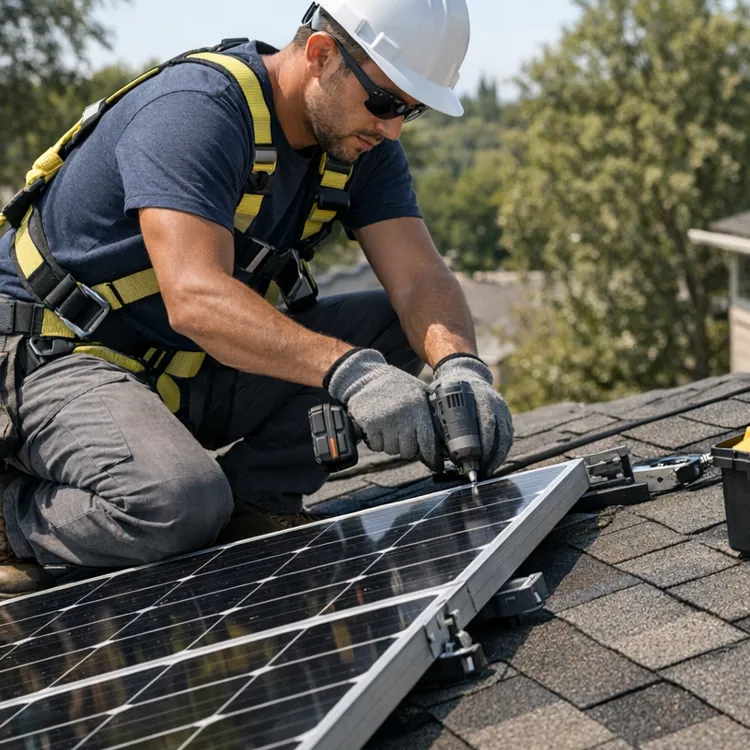 Worker in safety gear installing a solar panel on a house roof with tools and rope nearby