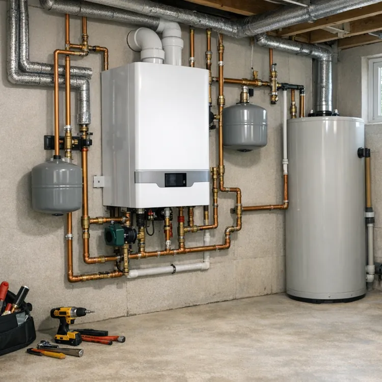 modern water heater and boiler system with pipes and tools in a clean basement room