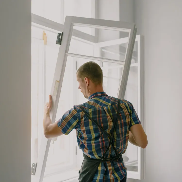 A technician installs a new window to improve home energy efficiency.