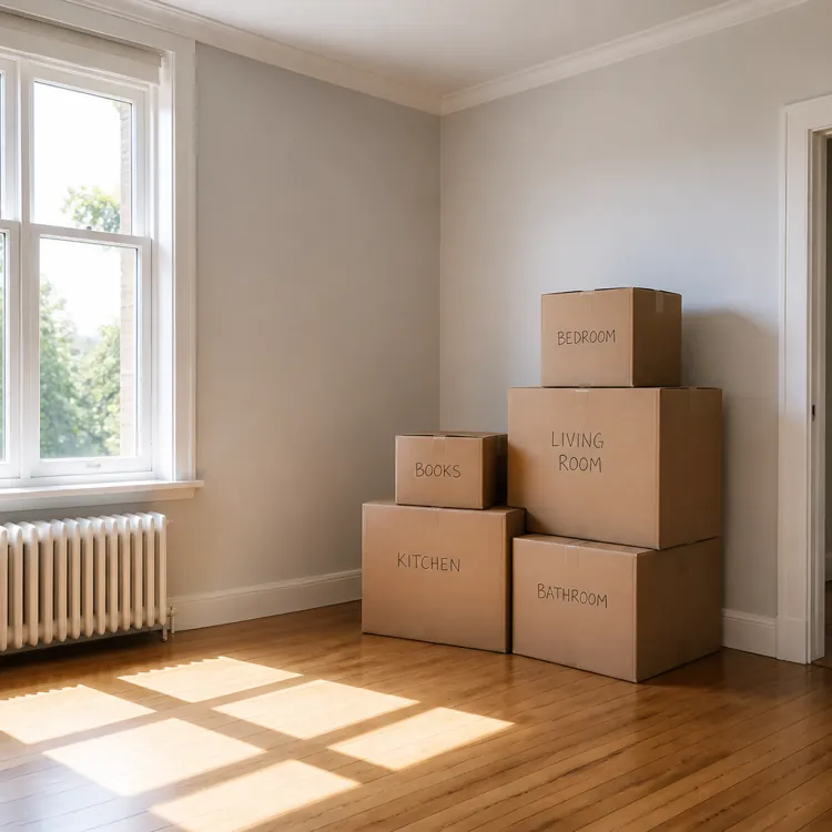 Stack of labeled cardboard moving boxes in an empty room with wood floor and large window
