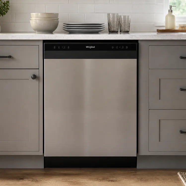Stainless steel dishwasher installed between gray kitchen cabinets with countertop items above