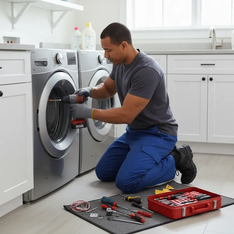 A technician repairs a washing machine, highlighting the importance of appliance maintenance.