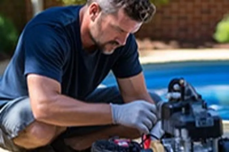 pool technician fixing a pool pump