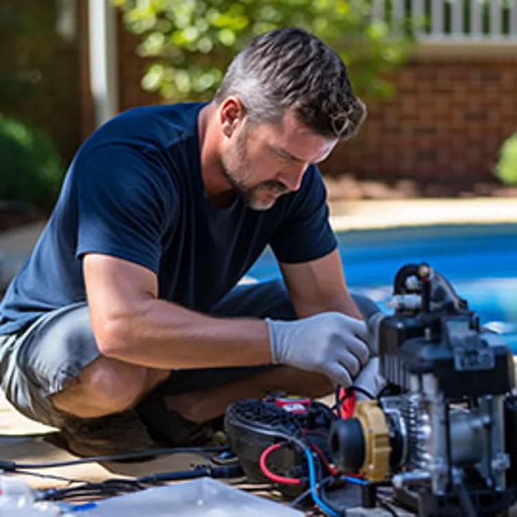 pool technician fixing a pool pump