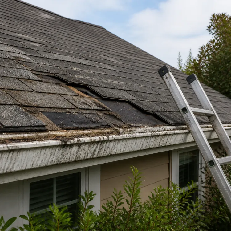 Damaged roof shingles above a house gutter with a ladder leaning against the roof edge