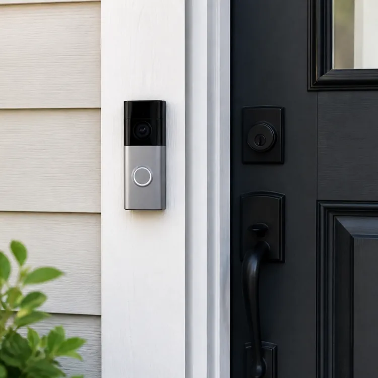 Video doorbell mounted next to a black front door on a house exterior wall