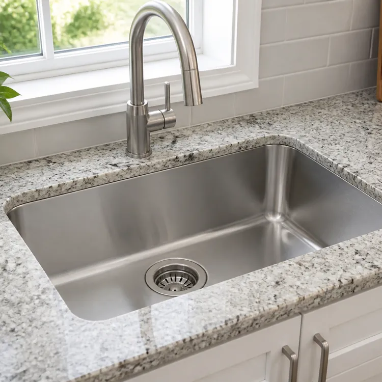 Stainless steel kitchen sink with a modern faucet set in a granite countertop near a window