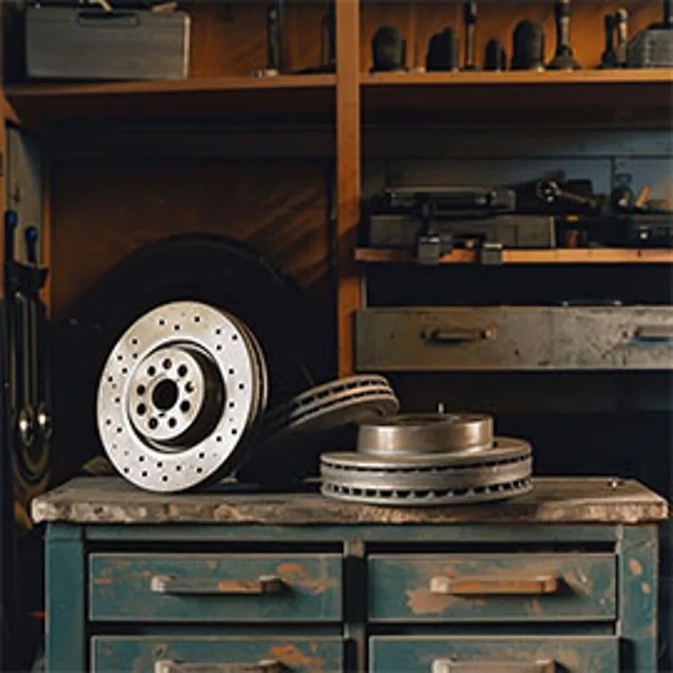 brakes and rotors on a table in a garage