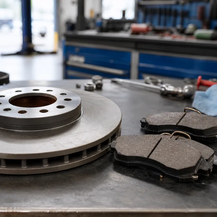Brake rotor and brake pads on a metal workbench in an auto repair shop