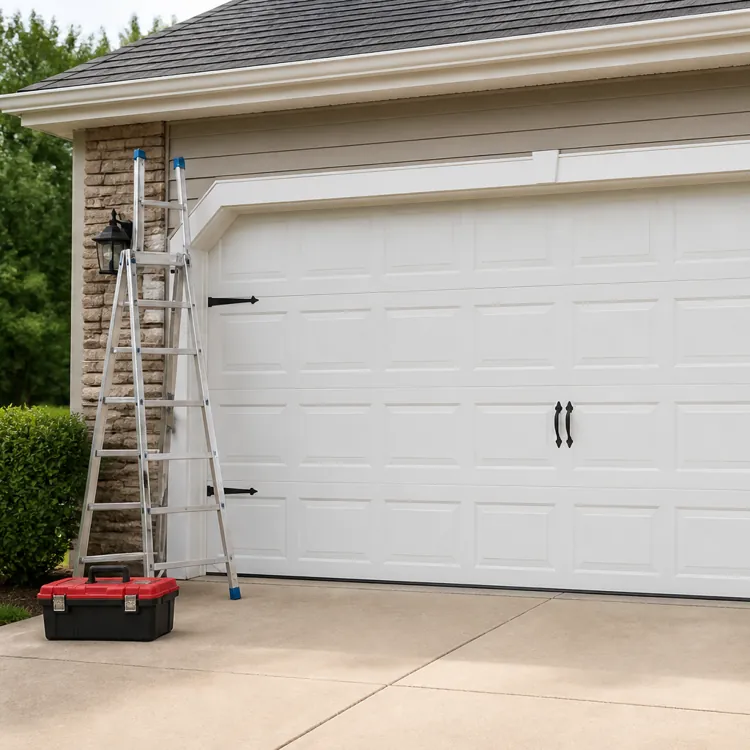Closed white garage door with a ladder and toolbox on a driveway in front of a house