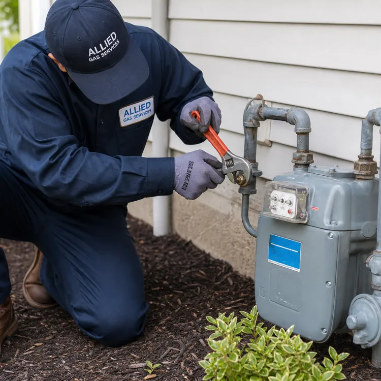 Technician in blue uniform working on outdoor gas meter with wrench