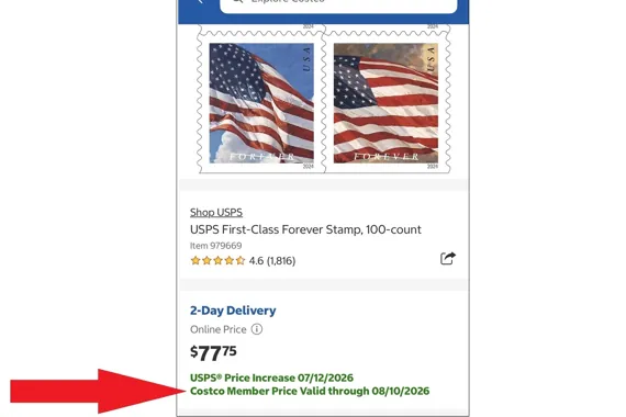 USPS Forever Stamps with American flags shown on a Costco online shopping page