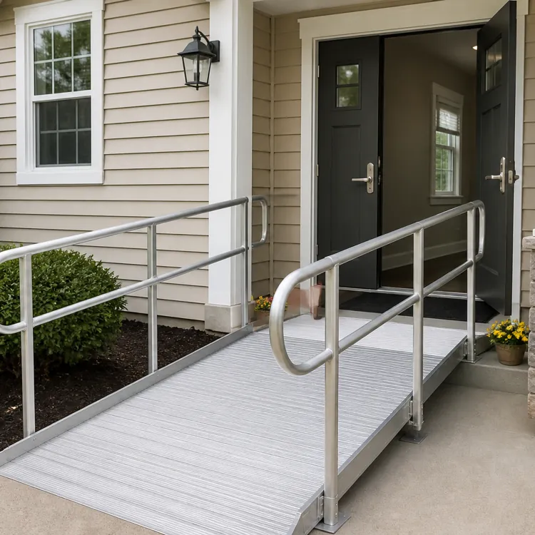 Aluminum wheelchair ramp with handrails leading to the front door of a house