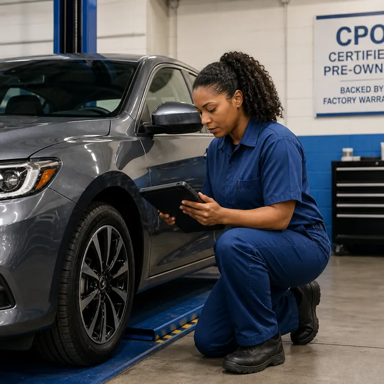 Mechanic in blue uniform inspecting a gray sedan with a tablet in an auto service garage
