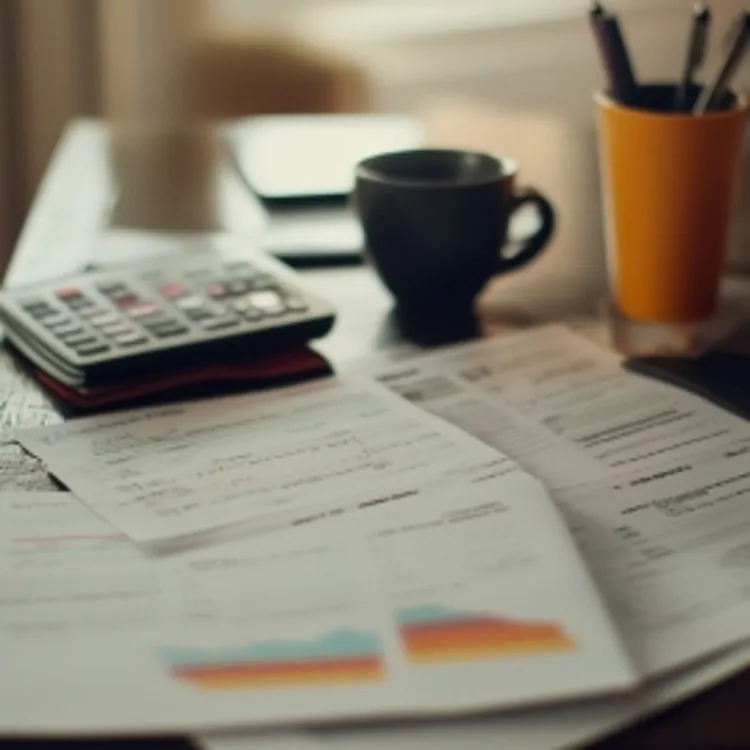 a desk with some papers and a calculator