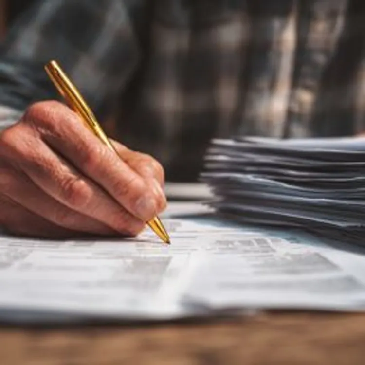 a hand holding a pen while signing documents