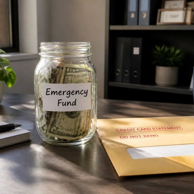 Glass jar labeled emergency fund filled with cash next to a credit card statement envelope on a desk