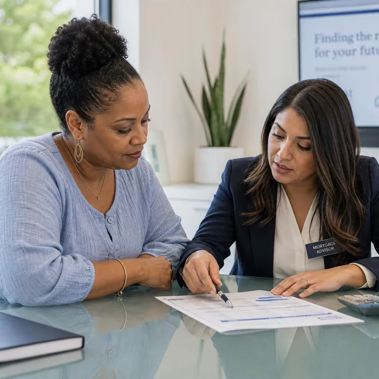 Mortgage advisor explaining documents to a woman at a desk in a modern office