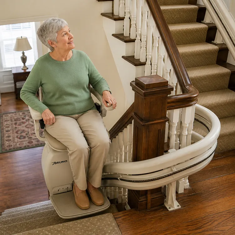 Older woman sitting on a stair lift at the bottom of a carpeted staircase in a home