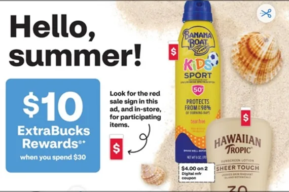 Banana Boat and Hawaiian Tropic sunscreen bottles on sand with seashells and $10 rewards offer