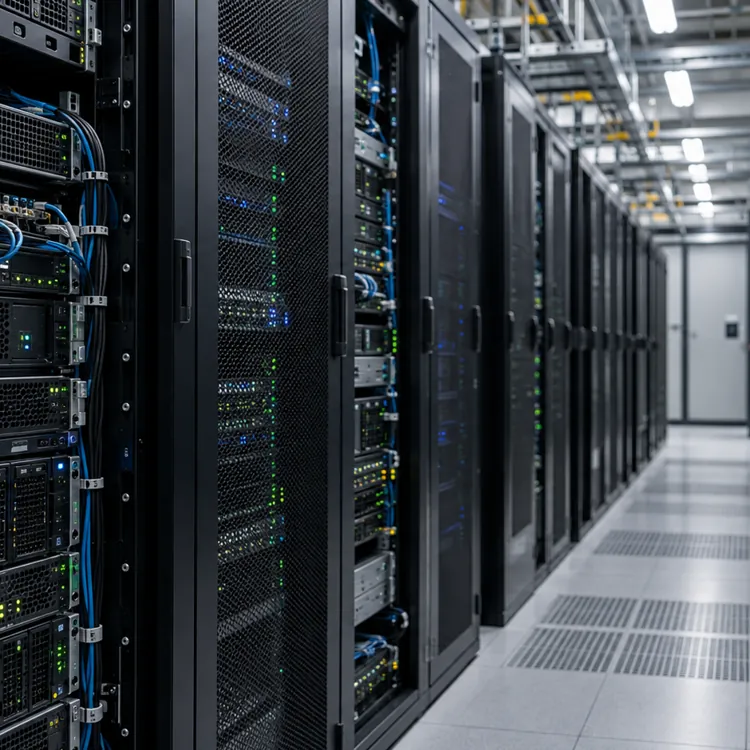 Rows of server racks with network cables and equipment in a modern data center