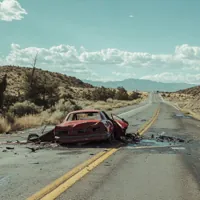 a crashed car in the middle of a desert road