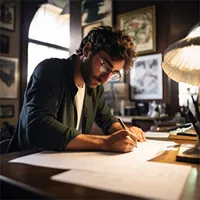 man writing at desk