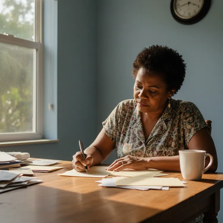 Woman sits at a table writing with envelopes, papers, and a mug in morning sunlight