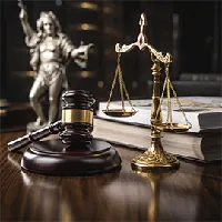 gavel, scales of justice, books, and a small statue on table
