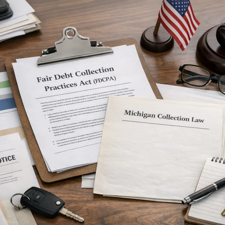 Debt collection documents, gavel, keys, glasses, and US flag on a wooden desk