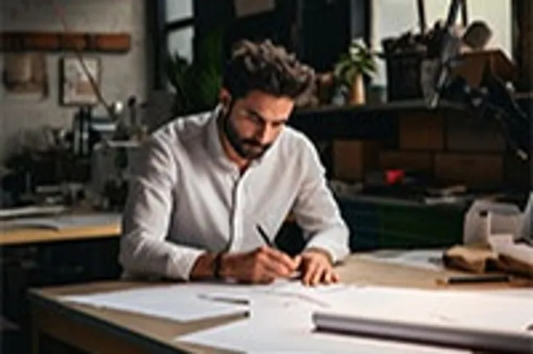man making notes on paper at office table