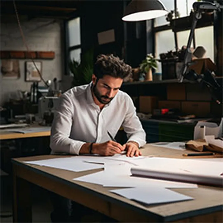 man making notes on paper at office table