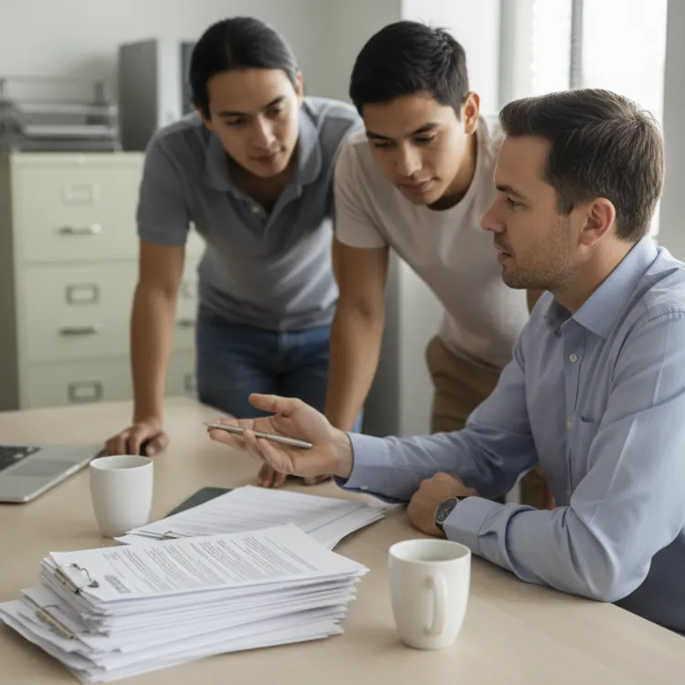Three people discussing paperwork at a desk with a laptop and coffee mugs
