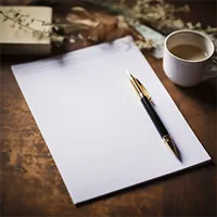 paper and pen beside a cup of coffee on a table